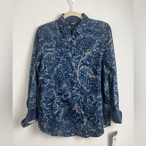 NEW CHAPS Women's Medium No Iron 100% Cotton Blue Paisley Button Down Blouse Top